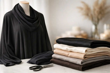 Black abaya on mannequin beside folded nida, crepe, linen, and satin fabrics in an atelier - Layaal