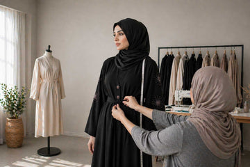 Custom abaya fitting in atelier showing Noir Constellation Abaya sleeve detail - Layaal
