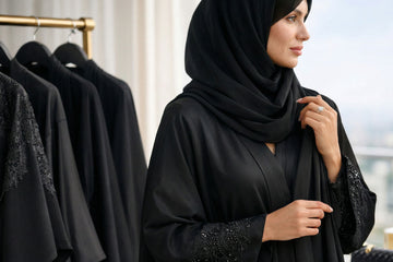 Woman in black luxury abaya with lace embellished cuffs and matching sheila at Layaal Abaya Studio Dubai