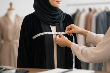 Tailor measuring bust width over a black open-front abaya using a soft tape measure - Layaal