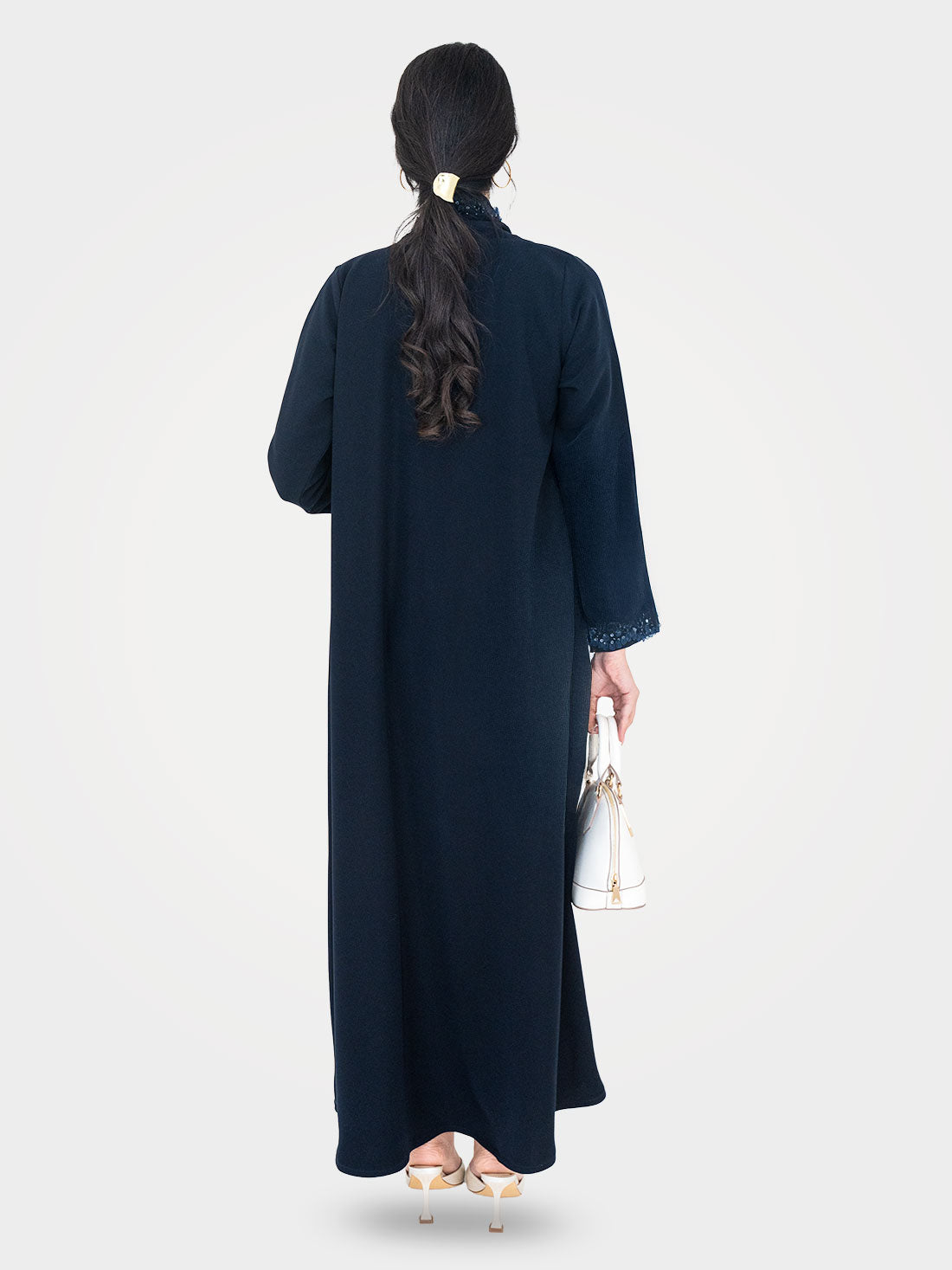 Back view of Midnight Petal Abaya in navy with beaded sequin cuff detail - Layaal
