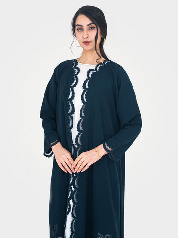 Tidal Luxe Abaya in teal with scalloped lace front panel and lace cuff trim - Layaal