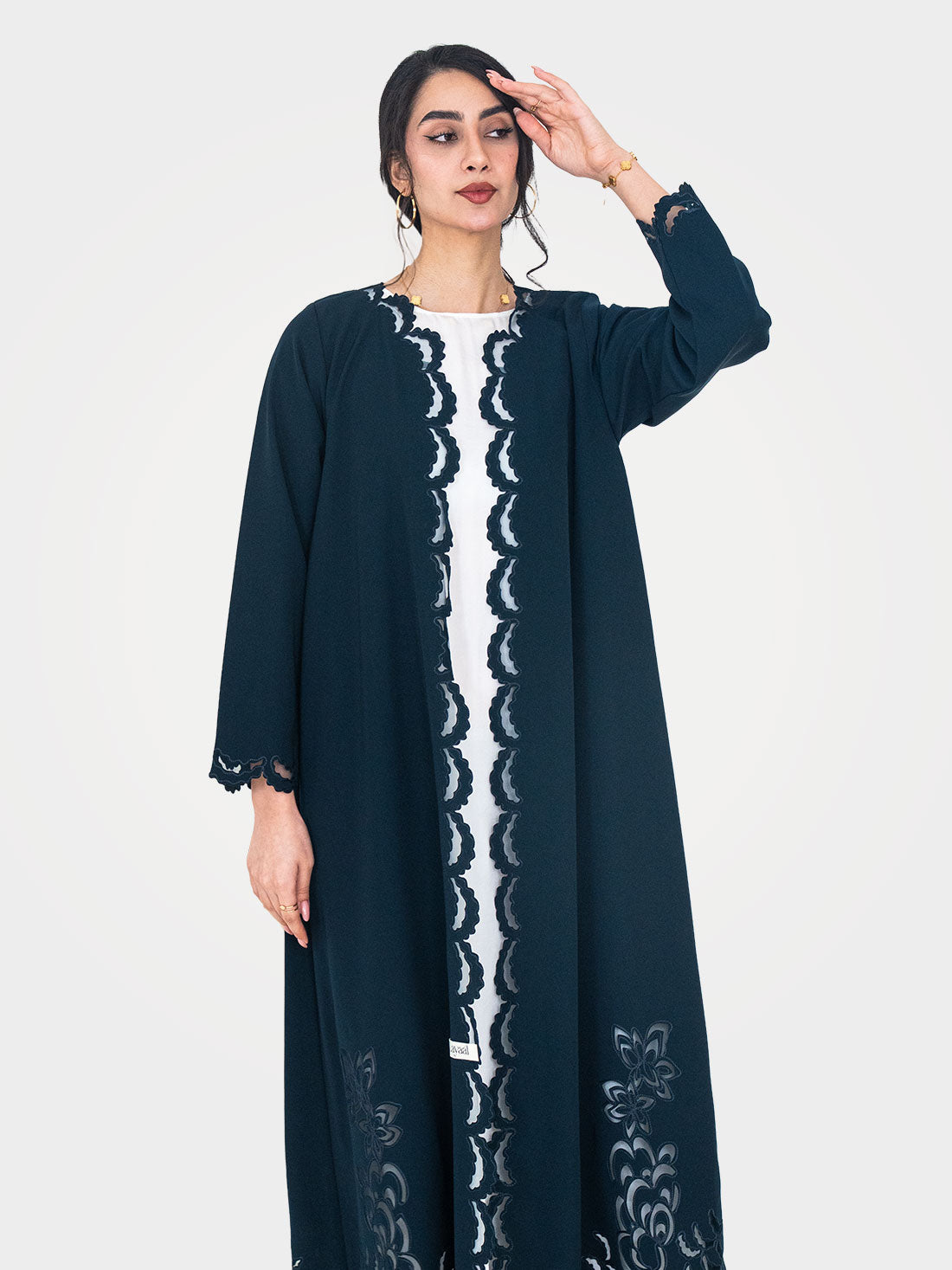 Tidal Luxe Abaya in teal with scalloped lace front panel and floral hem embroidery - Layaal