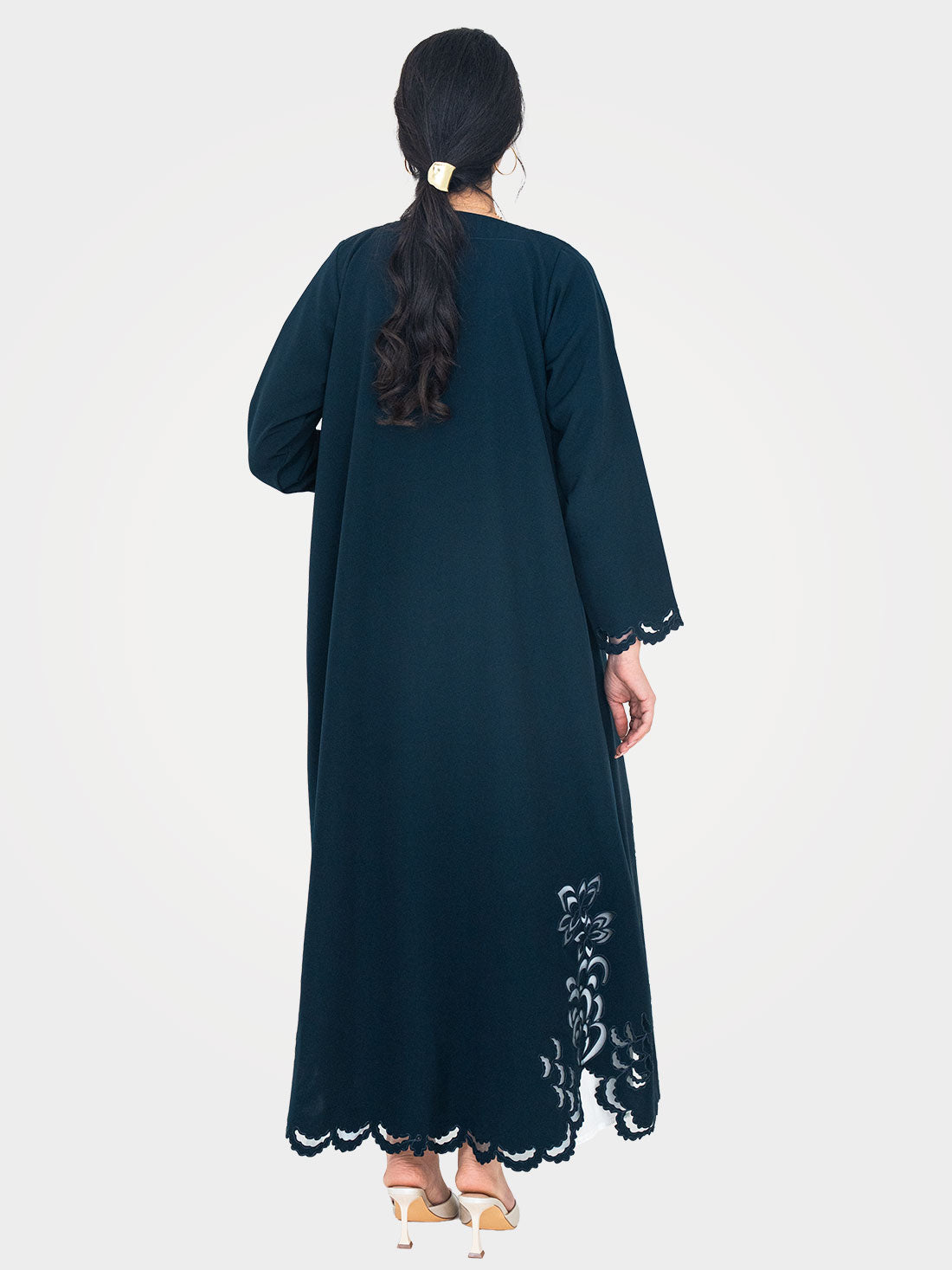 Back view of Tidal Luxe Abaya in teal showing floral embroidery and scalloped lace hem - Layaal