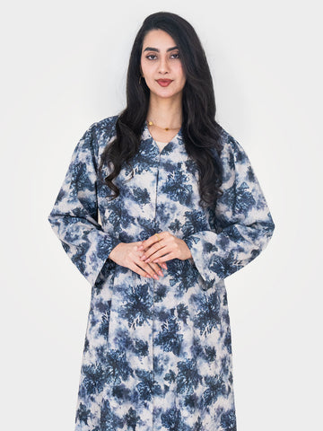 Indigo Canvas Abaya full length front view in indigo ink-wash watercolour floral print on lightweight crinkle fabric UAE