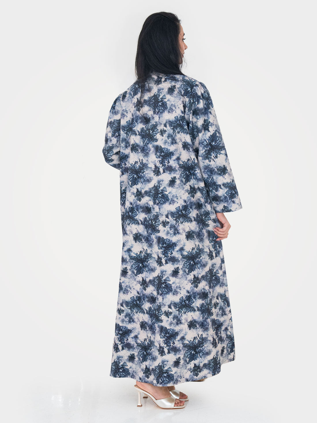 Indigo Canvas Abaya back view showing full length indigo ink-wash floral print on lightweight crinkle fabric UAE
