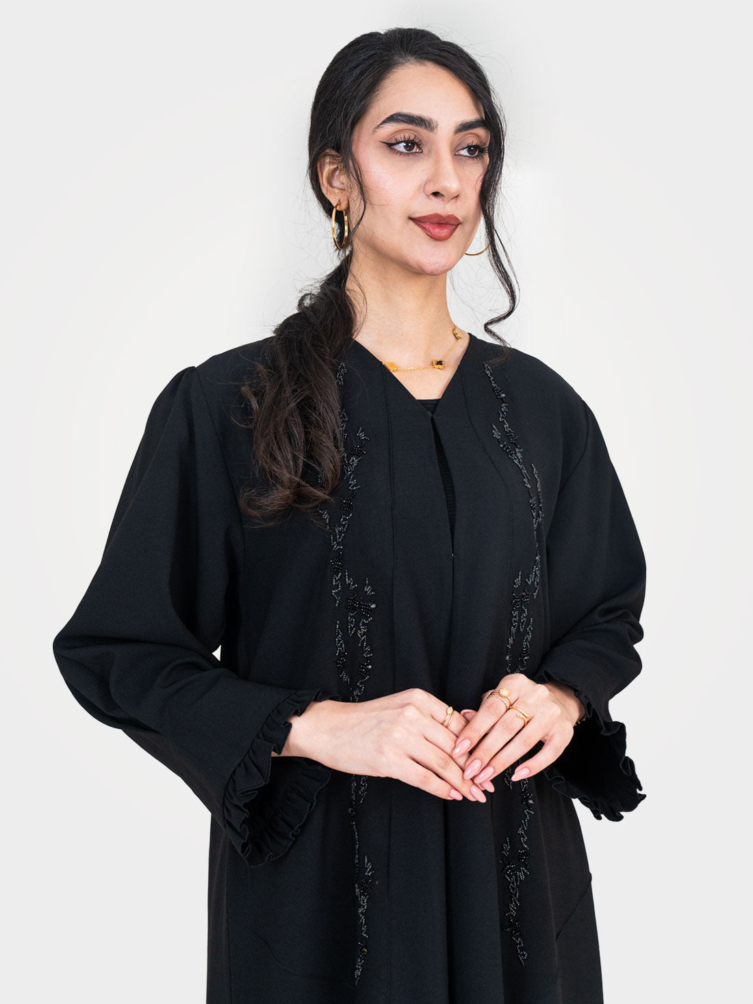 Noir Ruffle Abaya upper body view showing puff shoulders tonal bead sequin panels and gathered ruffle cuff detail UAE