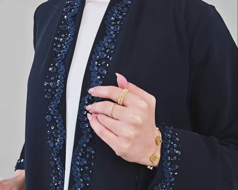 Midnight Petal Abaya in navy with beaded sequin front panel and cuff detail - Layaal